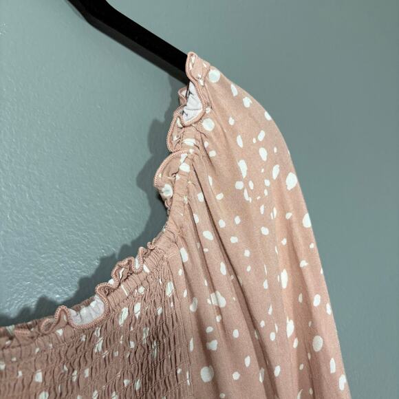 Urban Romantics Women's Pink Polka Dot Boho Peasant Top - Size Large - Smocked - Picture 2 of 6
